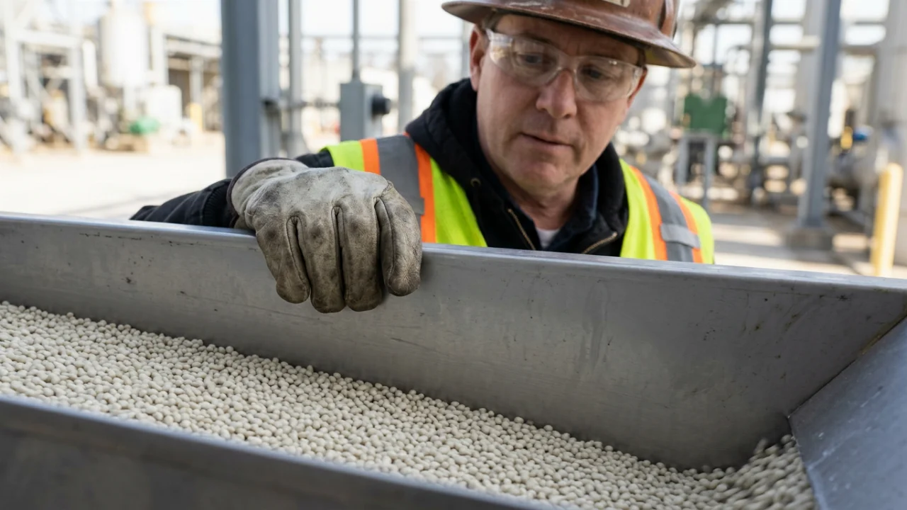 A factory worker wearing a hard hat, safety glasses, and a high-visibility vest leans over a metal trough to inspect a str…