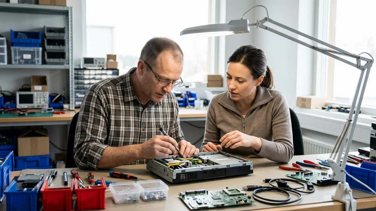 Two technicians work together at a repair bench, inspecting and handling the exposed components of an opened electronic de…