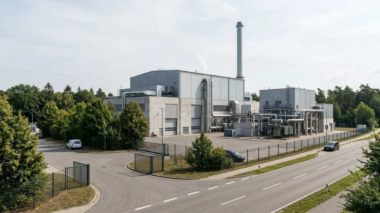 A fenced industrial facility with several boxy gray buildings, exposed pipework, and a tall exhaust stack beside a two-lan…