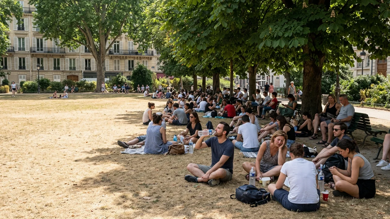 People sit and picnic beneath a line of broad-canopied trees in a city park, gathering in the shade while much of the surr…