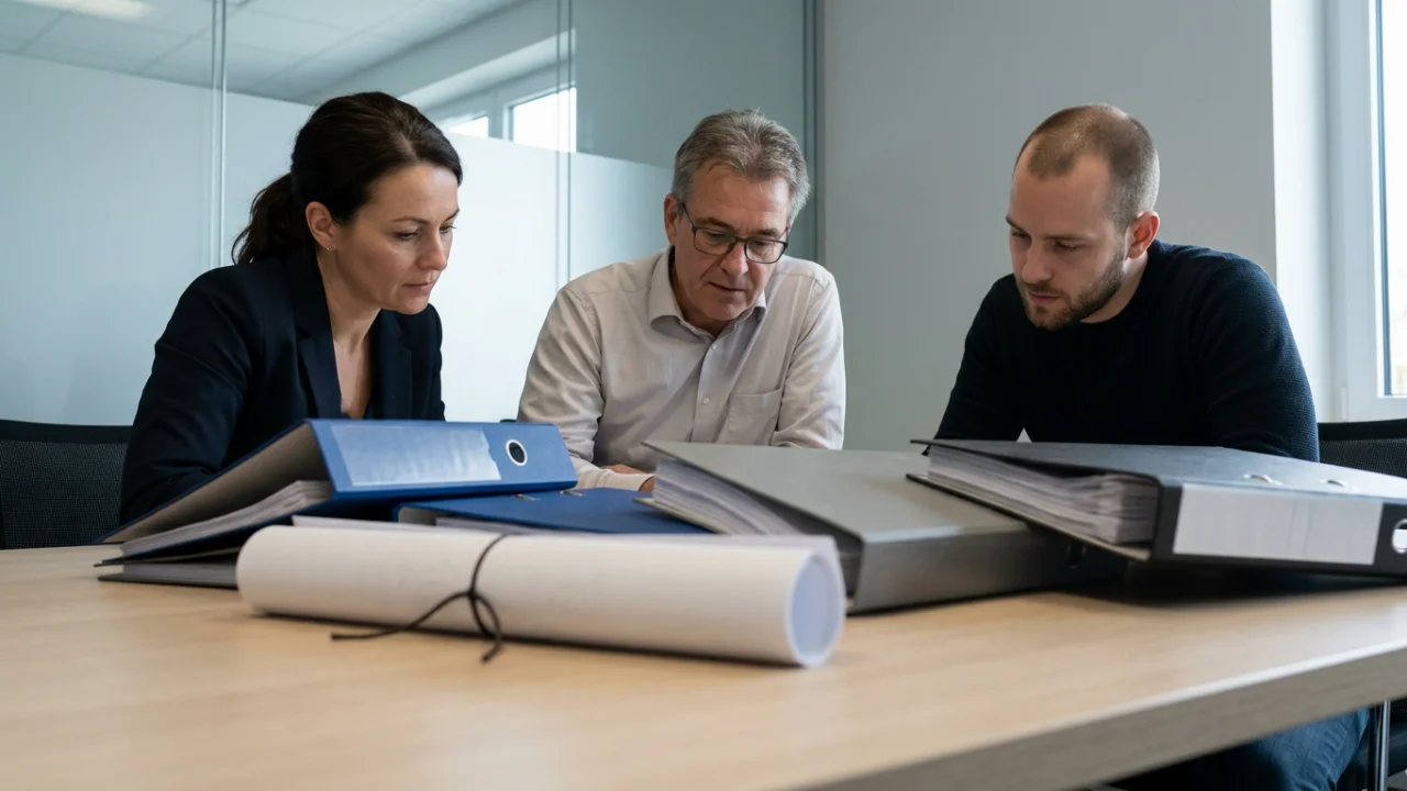 Three colleagues sit around a conference table, leaning over and reviewing thick document binders and loose papers.