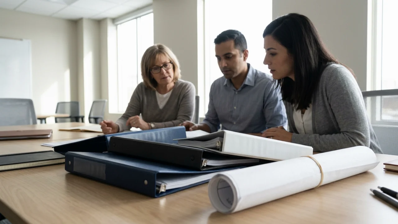 Three colleagues lean over a meeting table to review a stack of binders and loose paperwork, with one pointing toward the…