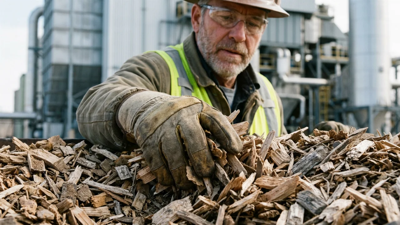 A worker wearing safety glasses, a hard hat, and a high-visibility vest inspects a heap of chipped wood by hand.