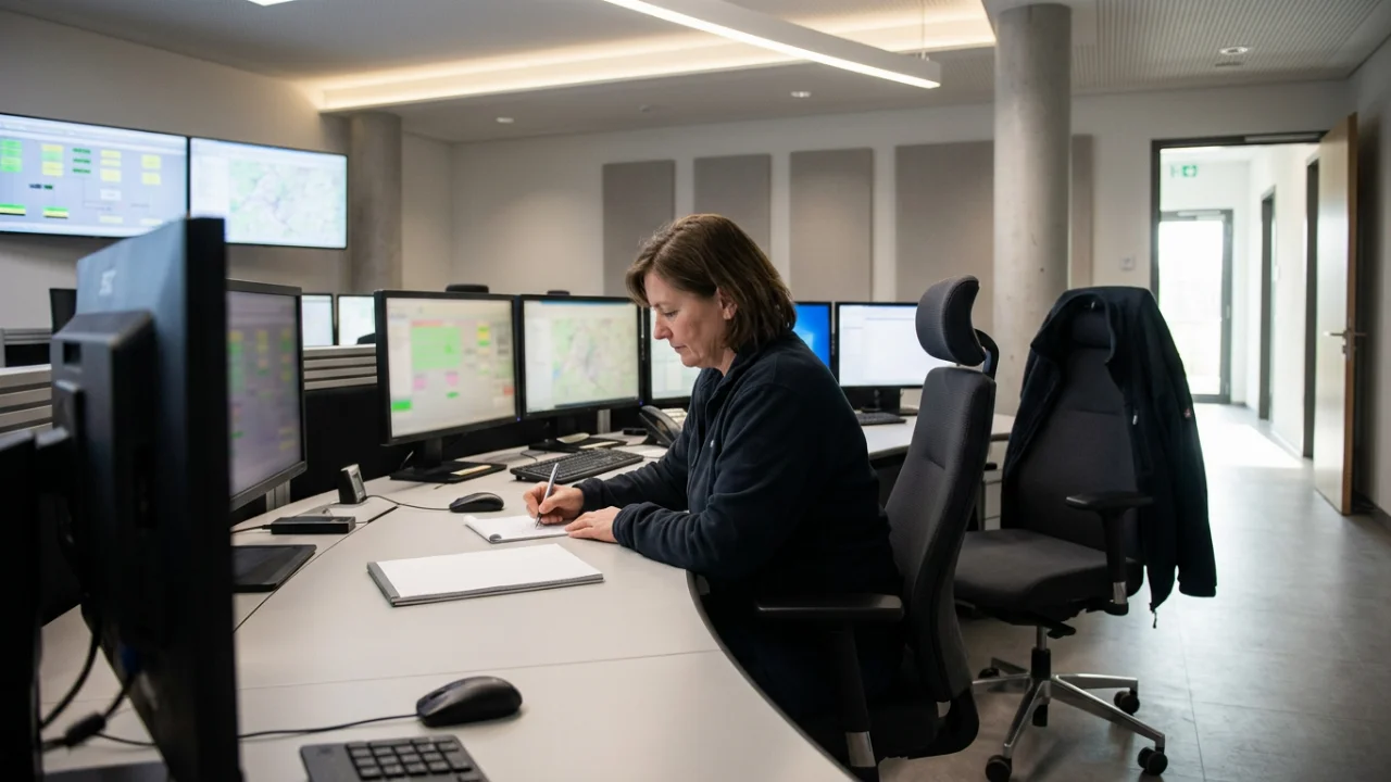A woman sits at a long workstation in a bright operations room, writing in a notebook while facing rows of computer monitors.