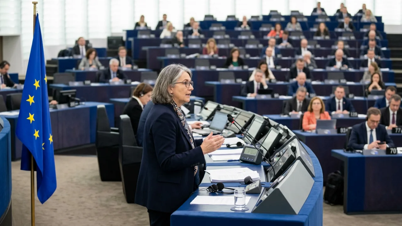 A gray-haired woman speaks at a curved lectern in a large parliamentary chamber, gesturing toward rows of seated delegates.