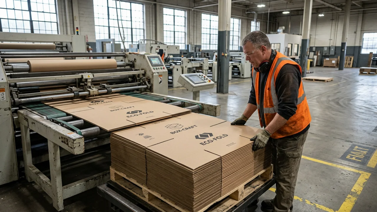 A worker in a high-visibility vest handles a stack of flat corrugated cardboard sheets beside a roller-fed cutting or prin…