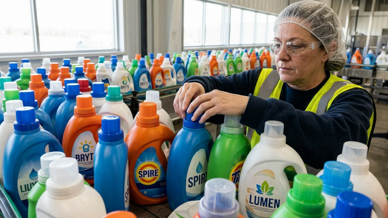 A worker wearing a hairnet, glasses, and a high-visibility vest adjusts the cap on a detergent bottle among rows of colorf…