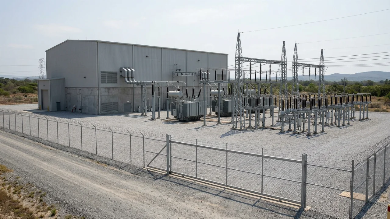 A fenced electrical substation sits on a gravel lot beside a large industrial building.