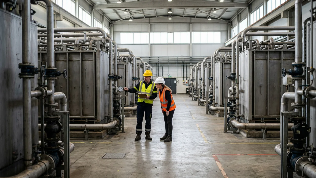 Two workers in hard hats and high-visibility vests inspect equipment in a large industrial hall, with one pointing to a pr…