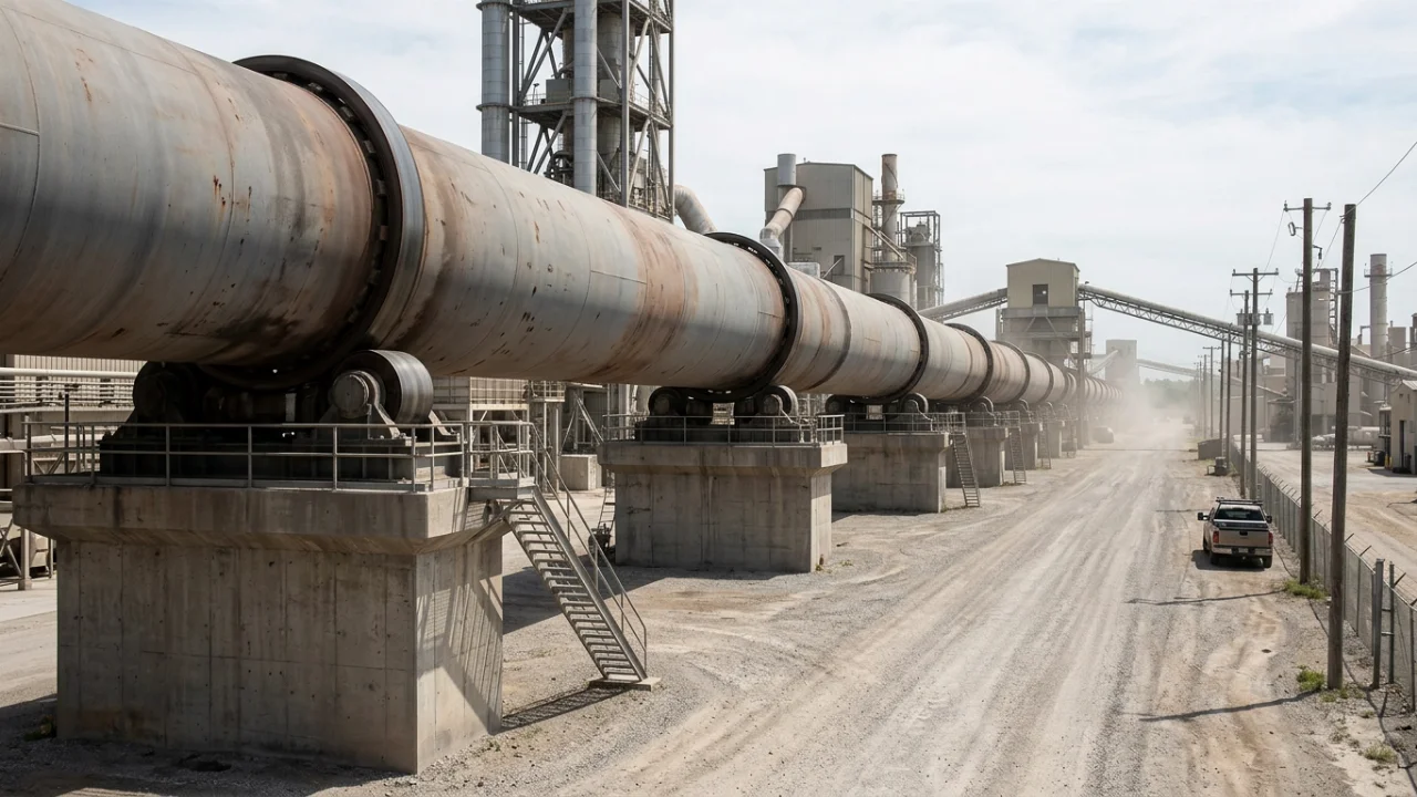 A long, weathered cylindrical kiln runs through an industrial plant, supported on concrete piers with metal rollers and ac…