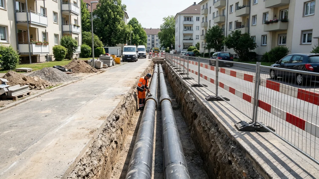 A worker in high-visibility gear inspects two large insulated pipes laid in a deep trench along a residential street.