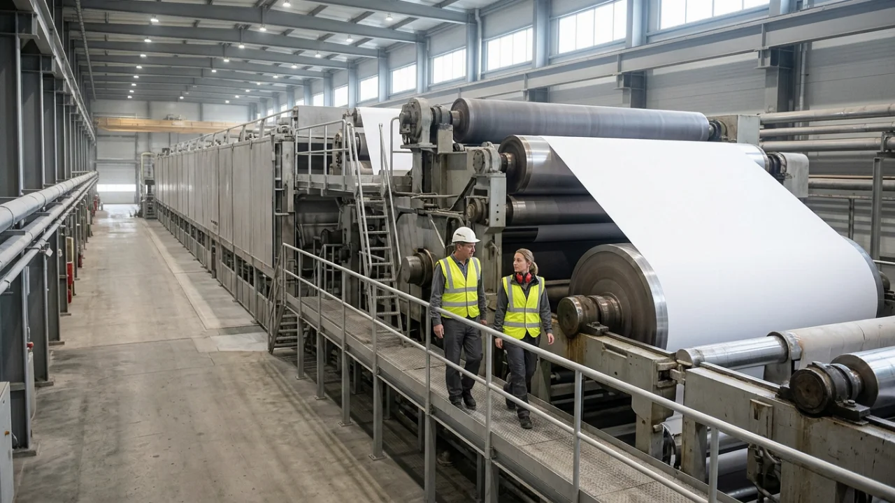 Two workers in hard hats and high-visibility vests walk along a raised platform beside a large paper-making machine.