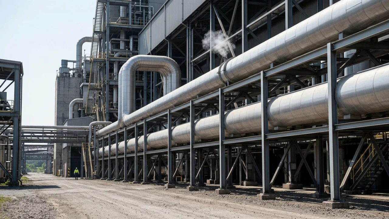 Large insulated metal pipes run along steel supports through an industrial plant, with a high pipe looping into the facili…