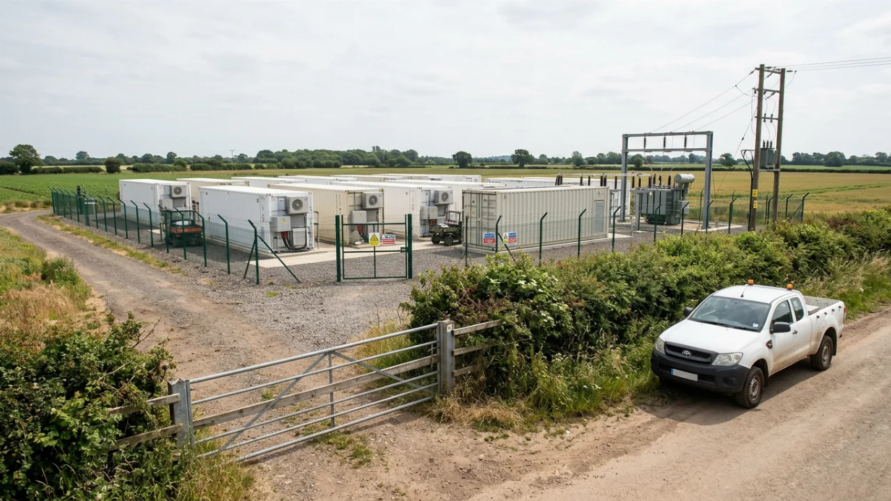 Rows of large white container units with external cooling equipment stand on a gravel pad inside a fenced compound amid op…