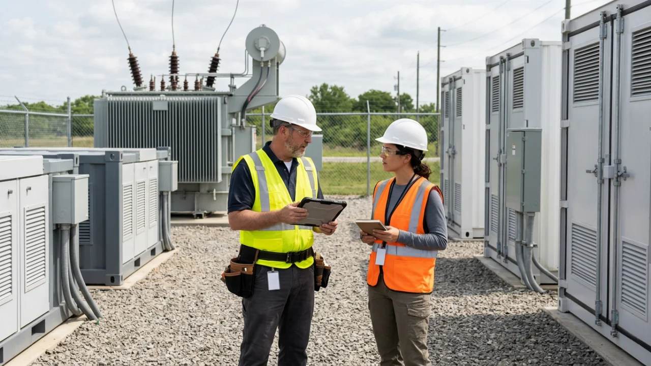 Two utility workers in hard hats and high-visibility vests review a tablet between rows of large vented electrical equipme…