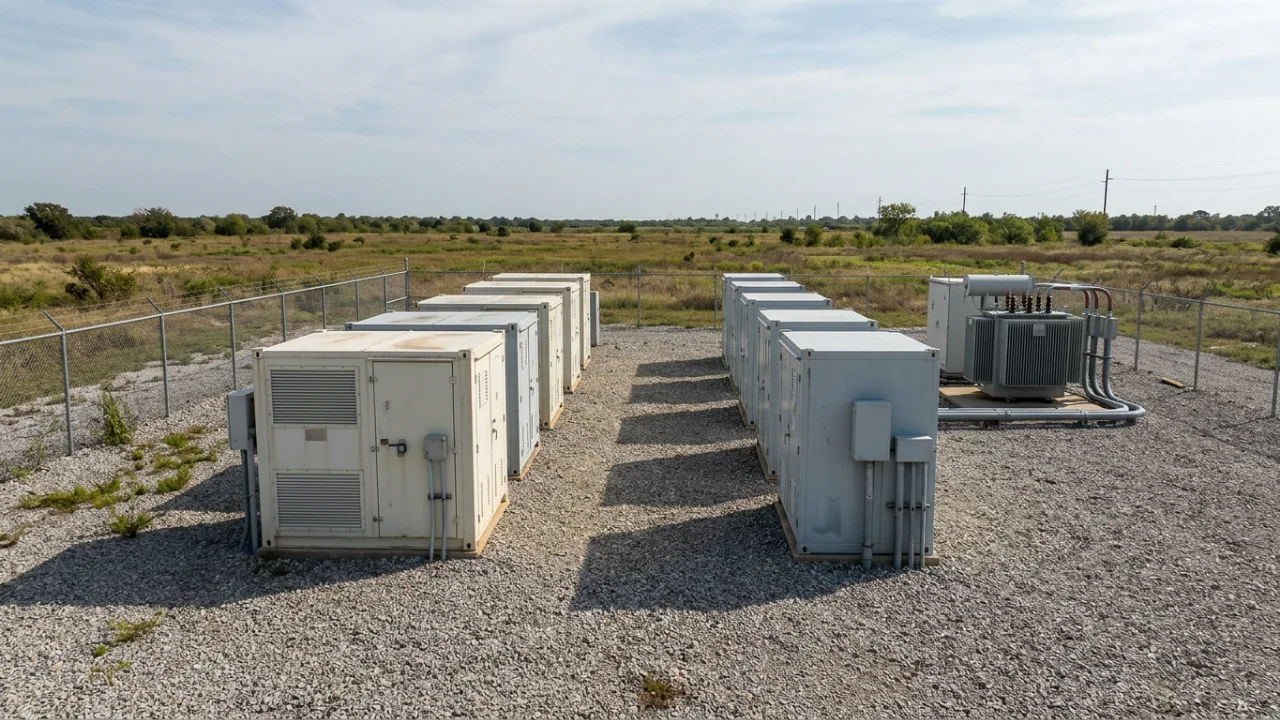 Rows of large, light-colored enclosed equipment cabinets stand on a gravel pad inside a chain-link fence in an open rural…