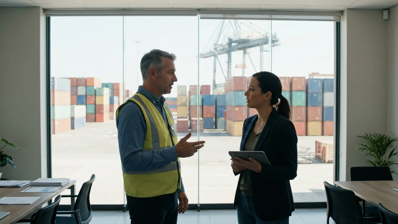 A port worker in a high-visibility vest talks with a woman holding a tablet inside a glass-fronted office.