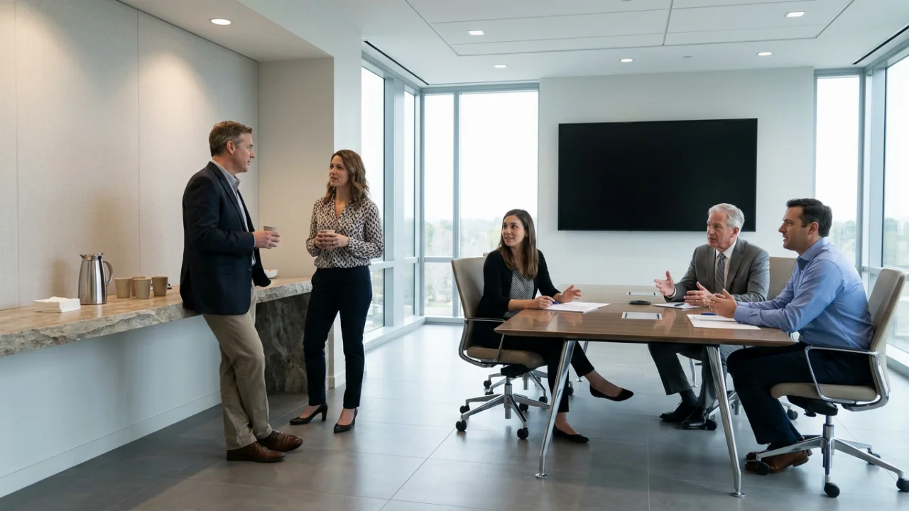 Four business professionals meet around a conference table, reviewing papers and discussing a point while two colleagues s…