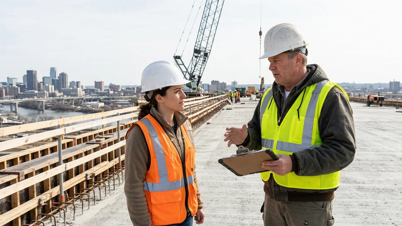 Two construction workers in hard hats and high-visibility vests discuss work on a broad concrete bridge deck, with one hol…