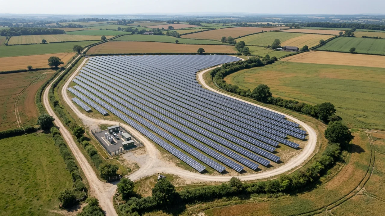 An aerial view shows long, orderly rows of solar panels covering a fenced, oval-shaped site amid open farmland.