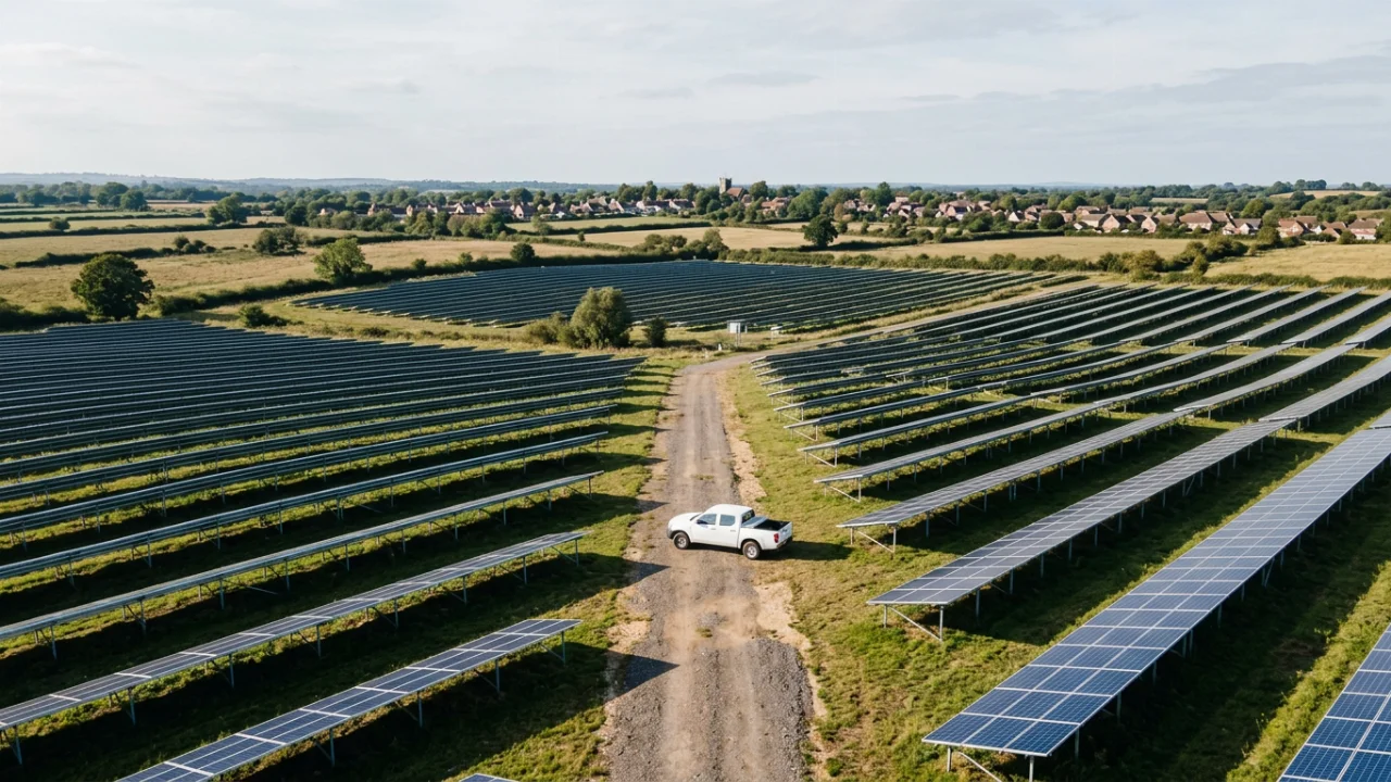 An aerial view shows long, orderly rows of ground-mounted solar panels covering grassy fields, with a dirt service road ru…