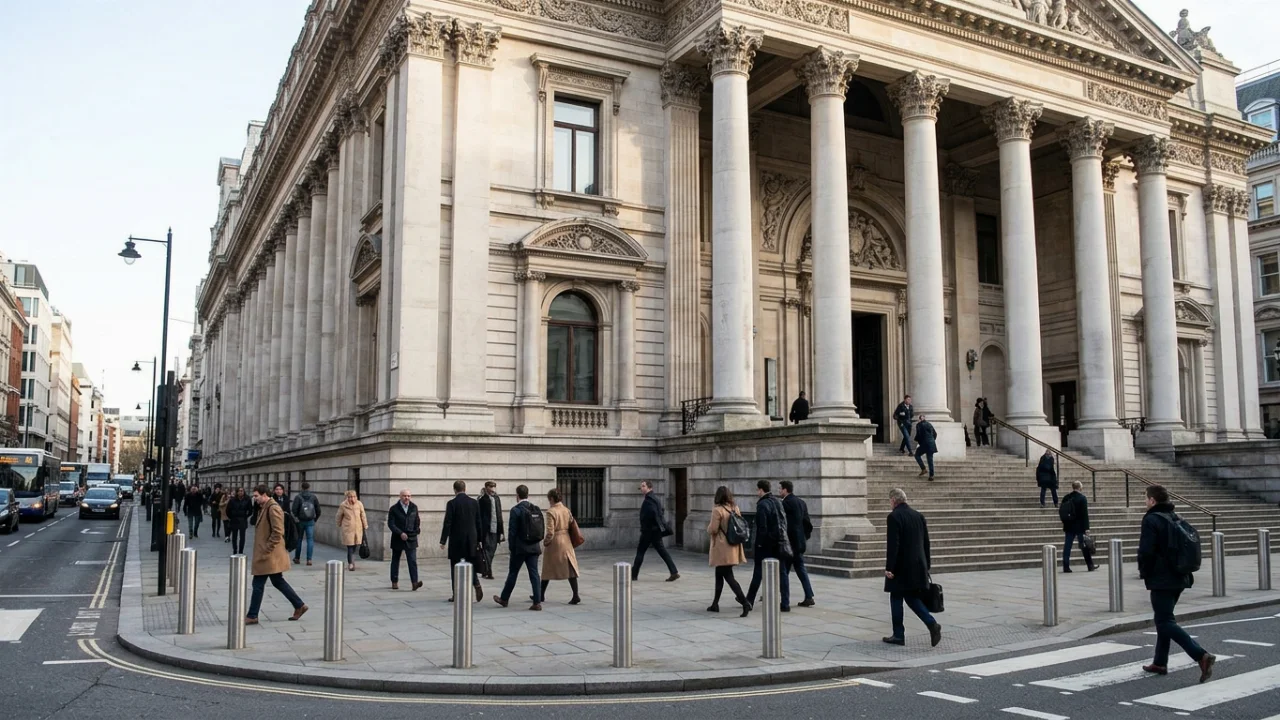 A large neoclassical stone building with tall columns, ornate carvings, and broad front steps stands on a city street.