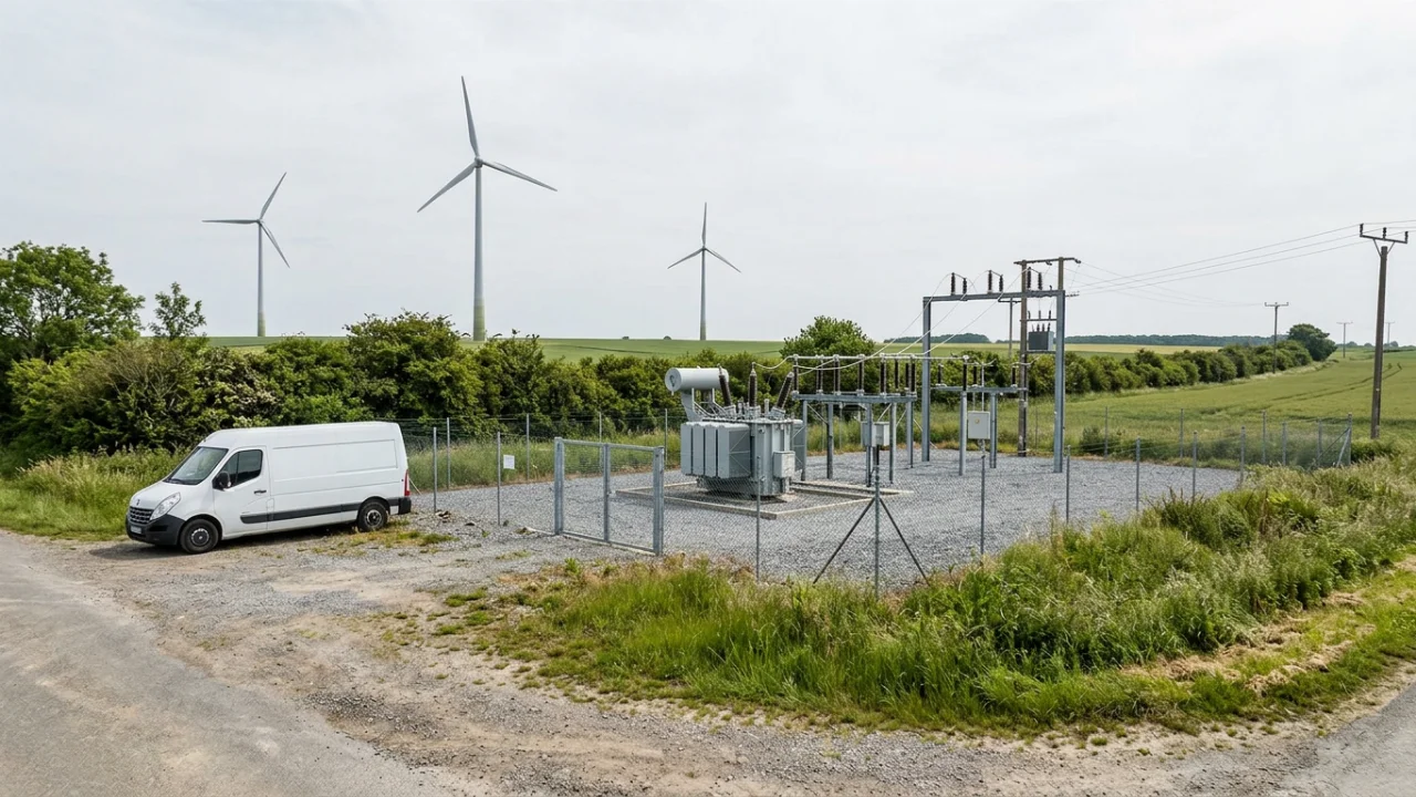 A small fenced electrical substation with transformers, switchgear and overhead power lines sits beside a rural gravel road.