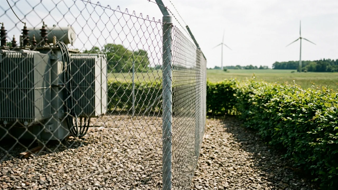 A fenced electrical installation with a large transformer and insulators stands beside a flat, green rural field.
