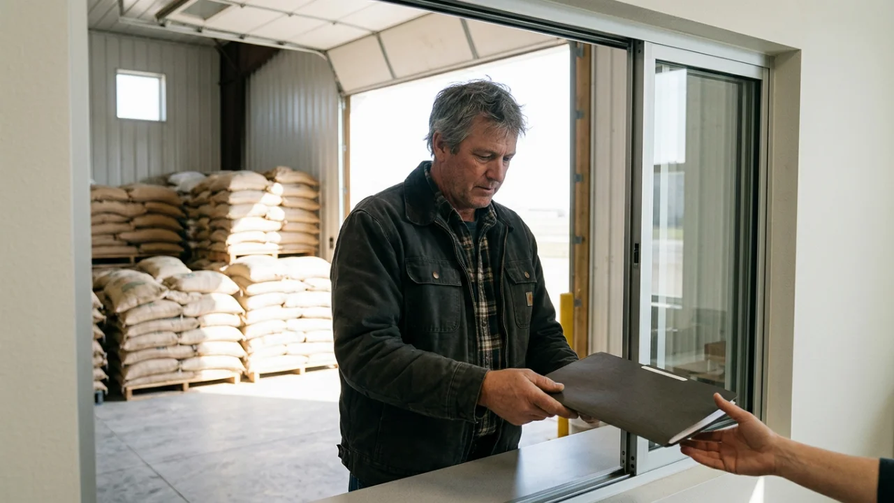 A man in a work jacket hands a document folder through a service window, with stacks of filled sacks on pallets behind him…