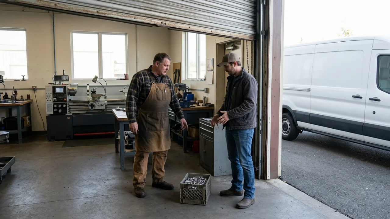 Two workers in work clothes discuss a crate of small metal parts at the open entrance of a machine shop.