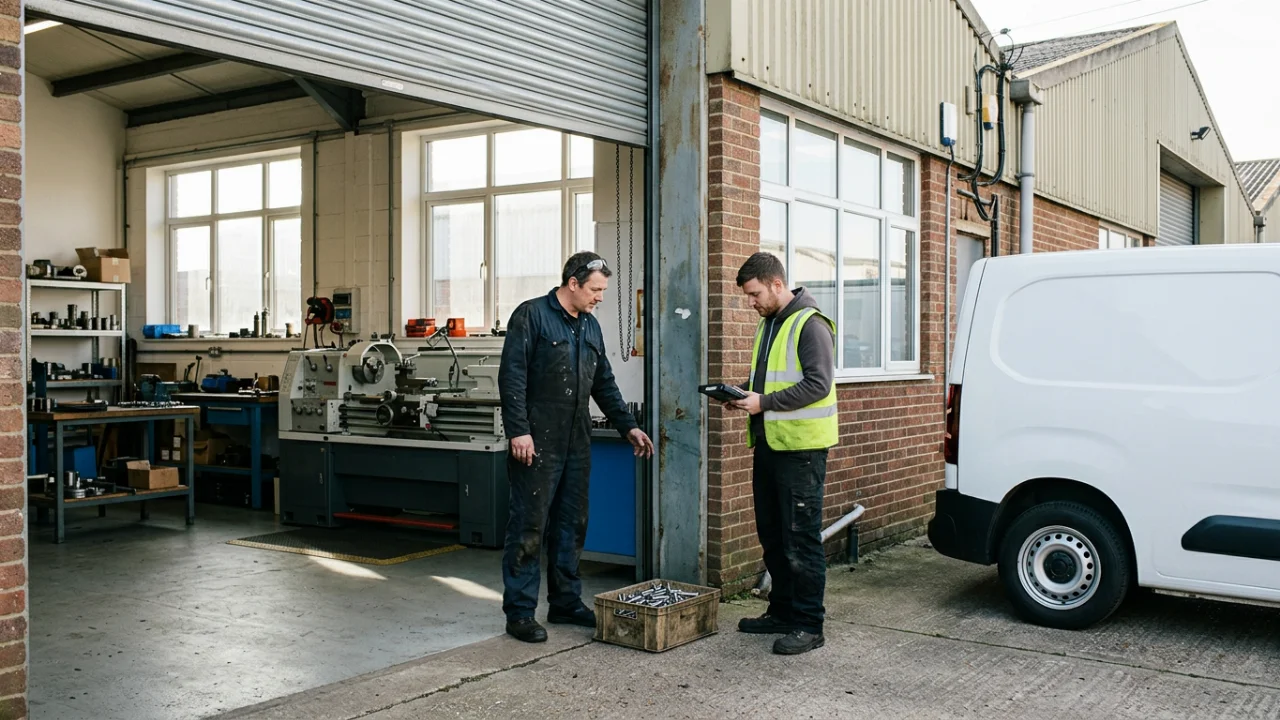 Two workers stand at the open roller door of a small machine shop, discussing a tablet beside a crate of metal parts.